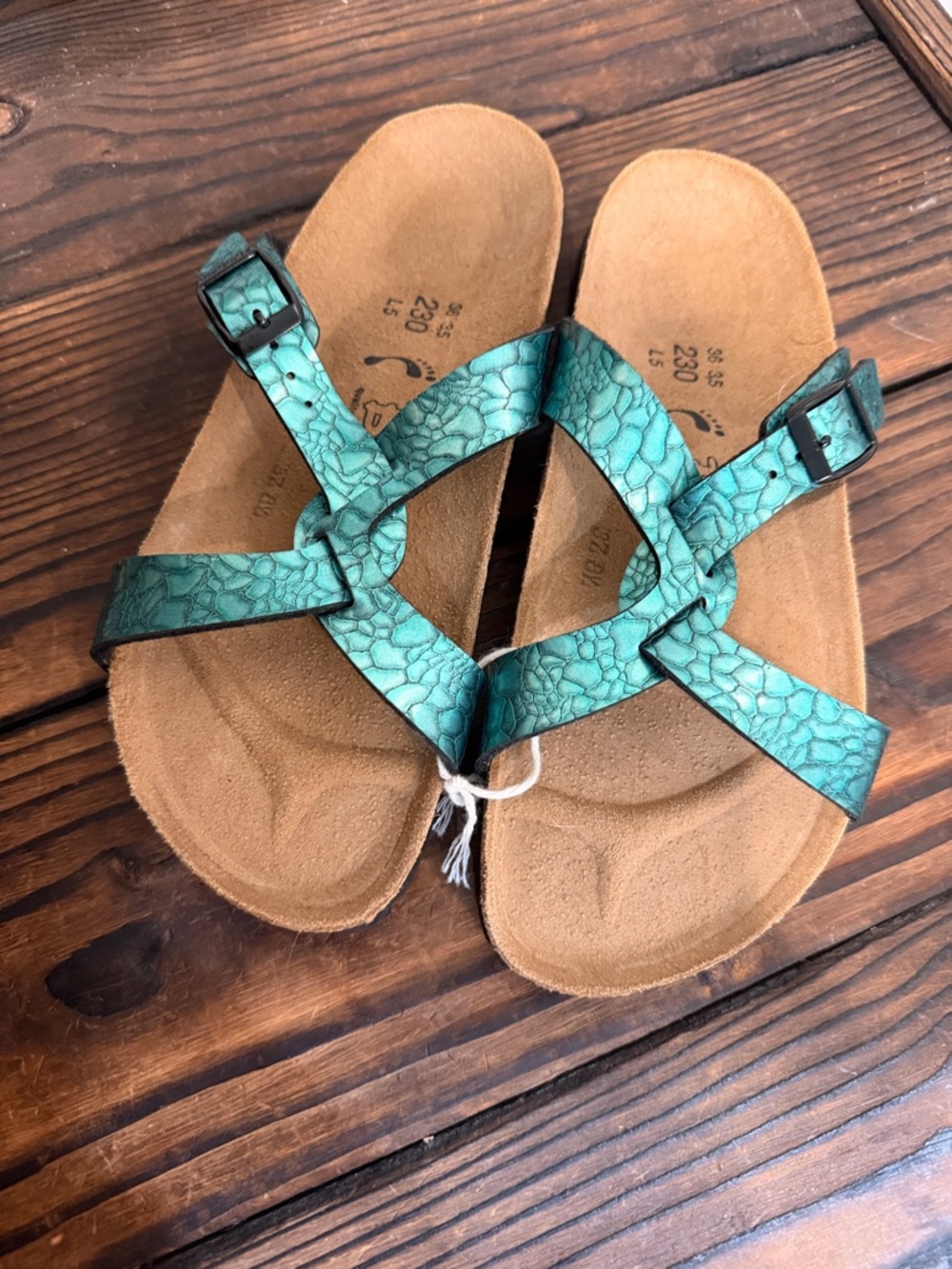 NWT Rare Birkenstock Birki's Sylt Birko-Flor sandals metallic turquoise